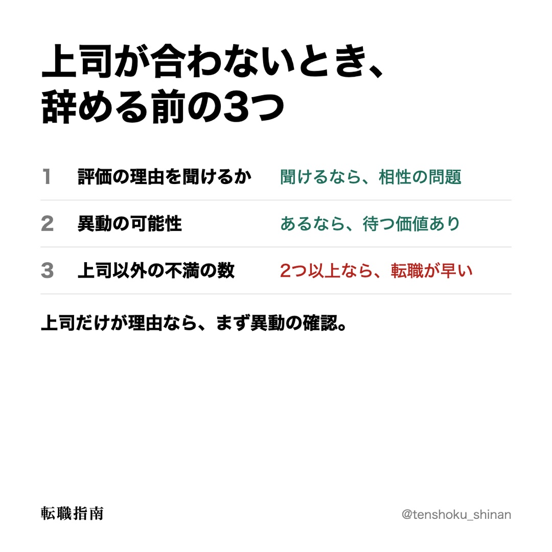 上司が合わないとき、辞める前の3つ（図の中身は、画像の下の表にもあります）